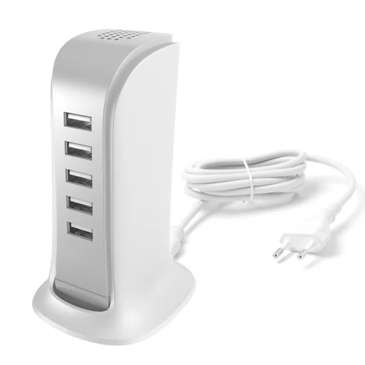 Töltőállomás hálózati 5x USB beépített tápkábellel EU fehér (A5EU) 25W - 1