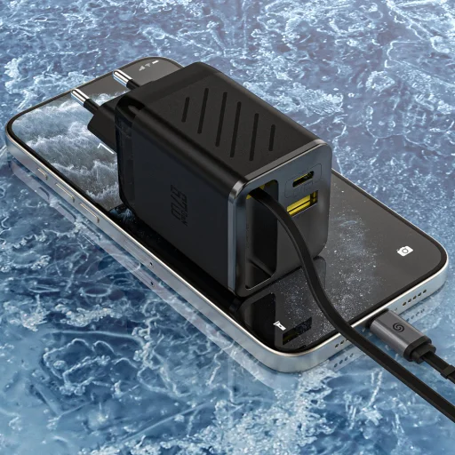 Dudao A67EU GaN 67W fali töltő beépített visszahúzható USB-C Power Delivery gyors töltő kábellel - Fekete - 7