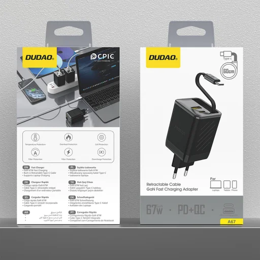 Dudao A67EU GaN 67W fali töltő beépített visszahúzható USB-C Power Delivery gyors töltő kábellel - Fekete - 9