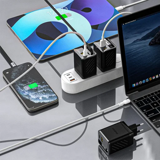 Dudao A67EU GaN 67W fali töltő beépített visszahúzható USB-C Power Delivery gyors töltő kábellel - Fekete - 4