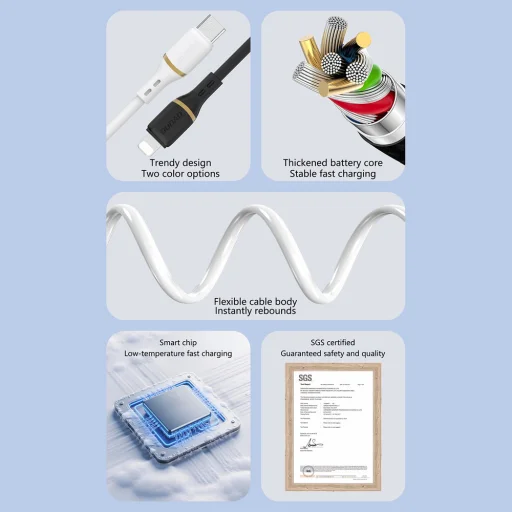 Dudao L25T USB-A - USB-C Szilikon Kábel 5A 1m - Fehér - 2