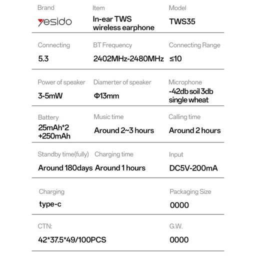 Yesido TWS35 Vezeték nélküli fülhallgató - Mikrofonos, Bluetooth 5.3, Fél-fülbe helyezhető kialakítás, 250mAh - Fehér - 5