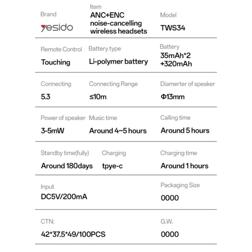 Yesido - Vezeték nélküli fülhallgató (TWS34) - Kettős mikrofon, ANC, Bluetooth 5.3, ENC, Fülbe helyezhető kialakítás, Érintésvezérlés, 320mAh - Fehér - 11