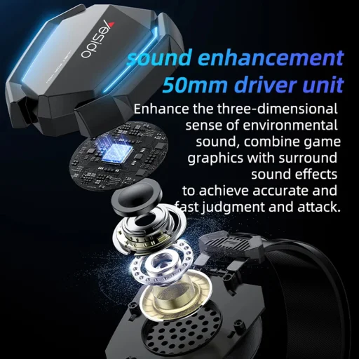 Yesido - Vezetékes Fejhallgató (EK03) - Játékhoz, Jack 3.5mm, USB, Mikrofonnal, Világítással, 2m - Fekete - 10