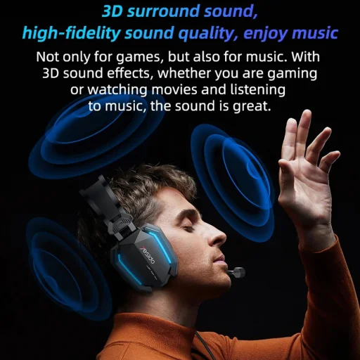 Yesido - Vezetékes Fejhallgató (EK03) - Játékhoz, Jack 3.5mm, USB, Mikrofonnal, Világítással, 2m - Fekete - 2