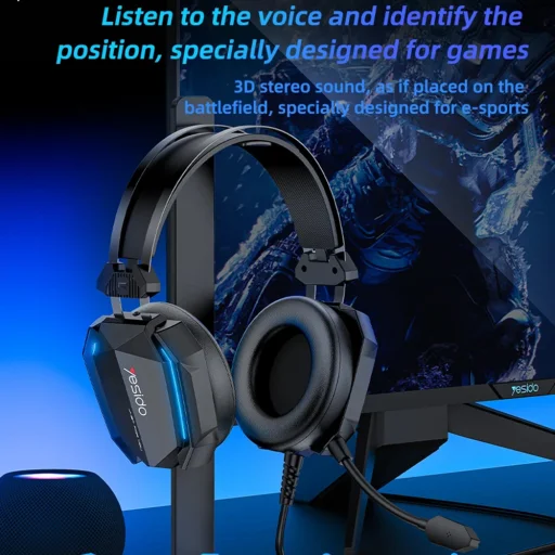 Yesido - Vezetékes Fejhallgató (EK03) - Játékhoz, Jack 3.5mm, USB, Mikrofonnal, Világítással, 2m - Fekete - 4