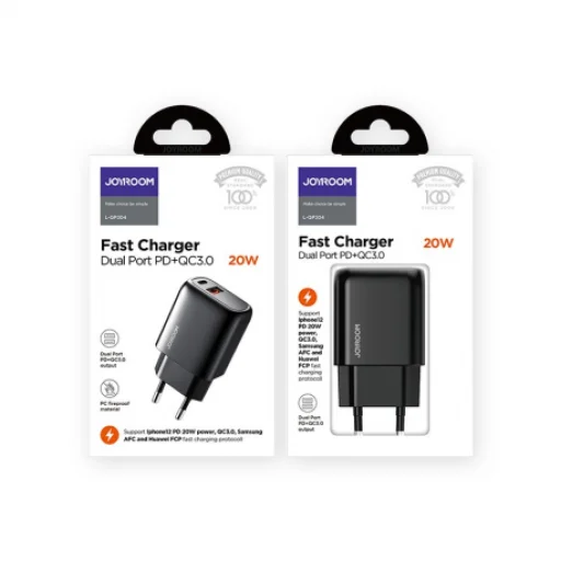 JOYROOM L-QP204 Dual Port hálózati gyorstöltő adapter 20W PD és QC 3.0 támogatással - 3