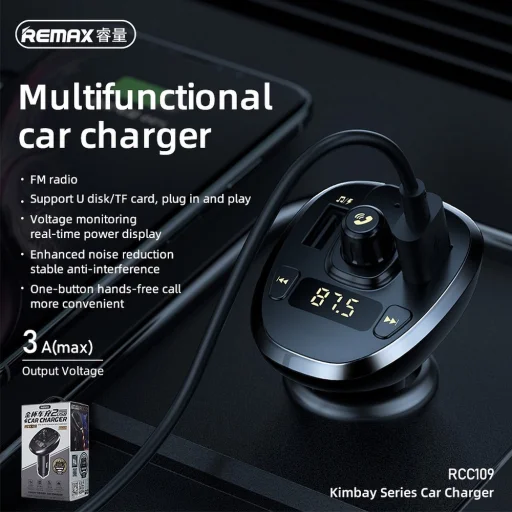 Remax RCC109 Bluetooth FM transmitter + autós töltő 2xUSB 3A + LCD kijelző + AUX + TF kártyaolvasás fekete - 3