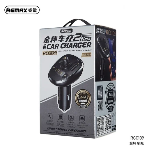 Remax RCC109 Bluetooth FM transmitter + autós töltő 2xUSB 3A + LCD kijelző + AUX + TF kártyaolvasás fekete - 4