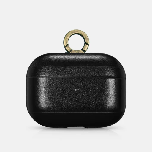 iCarer Vintage bőr tok AirPods Pro 1/2 fekete - Fém akasztóval - 1
