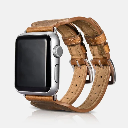 iCarer Valódi bőr óraszíj Apple Watch 38/40/41 mm dupla szíjas design világosbarna - 1