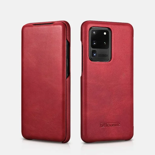 Icarer Vintage valódi bőr fliptok Samsung S20 Ultra mágneses zárral piros - 1