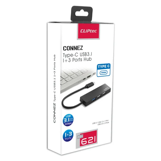 Cliptec RZH621 USB HUB adapter, elosztó USB Type-C - 4xUSB aljaztra fekete - 2