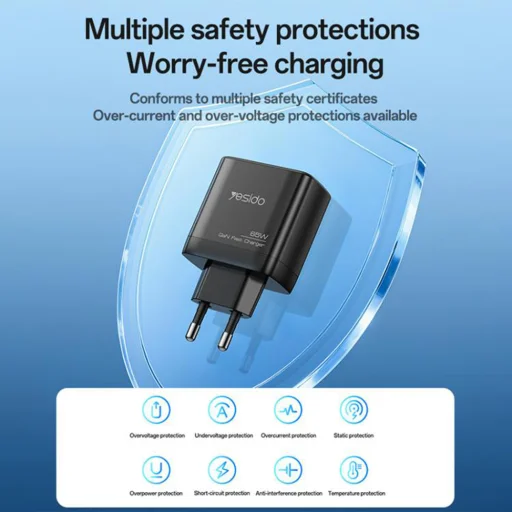 Yesido Fali Töltő (YC144) - 2x Type-C, 1x USB-A, 65W, GaN Technológia, Gyors Töltés - Fekete - 9