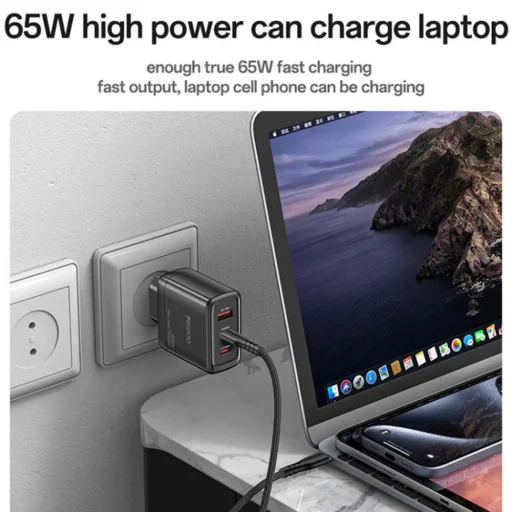 Yesido Fali Töltő (YC144) - 2x Type-C, 1x USB-A, 65W, GaN Technológia, Gyors Töltés - Fekete - 10