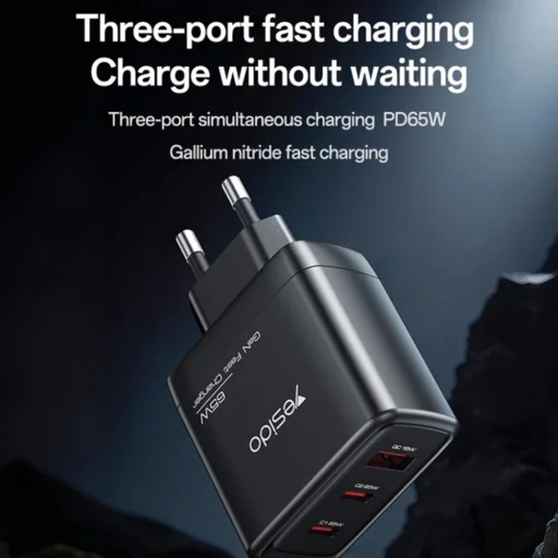 Yesido Fali Töltő (YC144) - 2x Type-C, 1x USB-A, 65W, GaN Technológia, Gyors Töltés - Fekete - 11