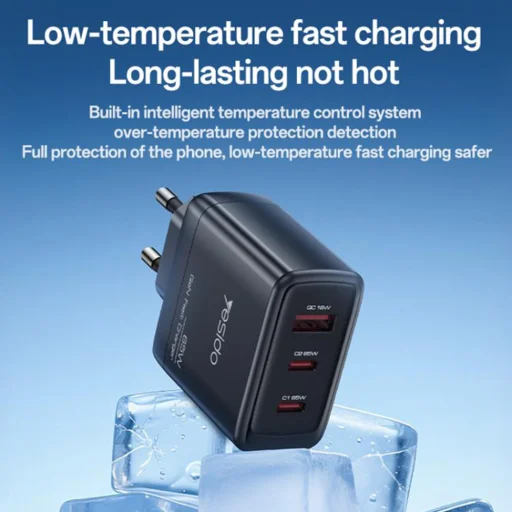 Yesido Fali Töltő (YC144) - 2x Type-C, 1x USB-A, 65W, GaN Technológia, Gyors Töltés - Fekete - 5