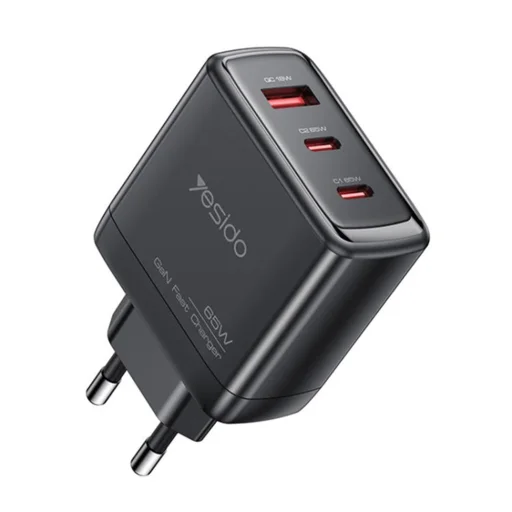 Yesido Fali Töltő (YC144) - 2x Type-C, 1x USB-A, 65W, GaN Technológia, Gyors Töltés - Fekete - 1