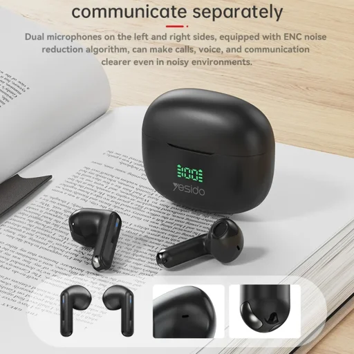 Yesido Wireless Earbuds (TWS19) - ENC-vel, Érintésvezérléssel, Bluetooth V5.3-mal, LED Kijelzővel, Félhallgató Designnal, 470mAh - Fekete - 7