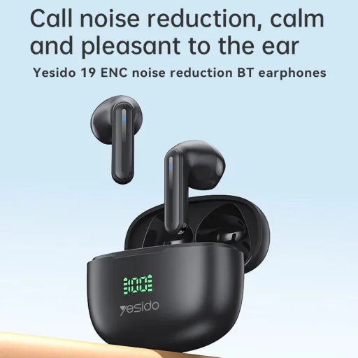 Yesido Wireless Earbuds (TWS19) - ENC-vel, Érintésvezérléssel, Bluetooth V5.3-mal, LED Kijelzővel, Félhallgató Designnal, 470mAh - Fekete - 4
