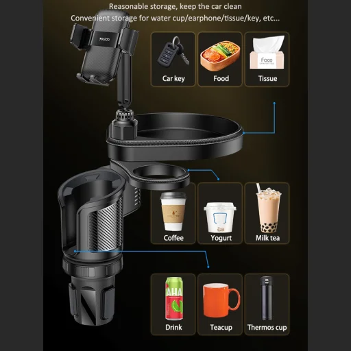 Yesido 4in1 (C274) - Pohártartó, Telefon Tartó és Apróságok Tároló, 720°-ban Állítható Szög, 4.7-7.2" - Fekete - 7