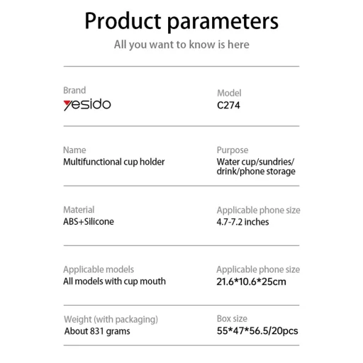 Yesido 4in1 (C274) - Pohártartó, Telefon Tartó és Apróságok Tároló, 720°-ban Állítható Szög, 4.7-7.2" - Fekete - 13