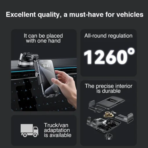 Yesido - Telefon tartó (C275) - Műszerfalra, 1260 fokos teljes körű állítható kialakítás, 4.7-7.2" Telefon - Fekete - 8