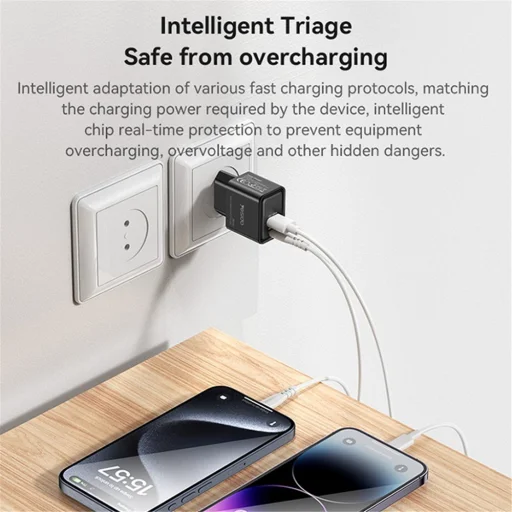 Yesido - Fali Töltő (YC64) - Dual Port Type-C + USB-A, Gyors Töltés, GaN Technológia, PD30W - Fekete - 4