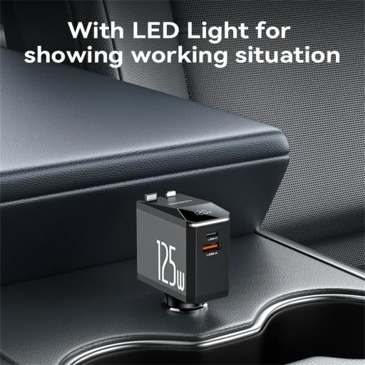 Yesido - 4 az 1-ben autós töltő (Y71) - Type-C visszahúzható kábellel + Lightning adapter, Kétportos USB-A + Type-C, 125W, LED kijelző - Fekete - 7