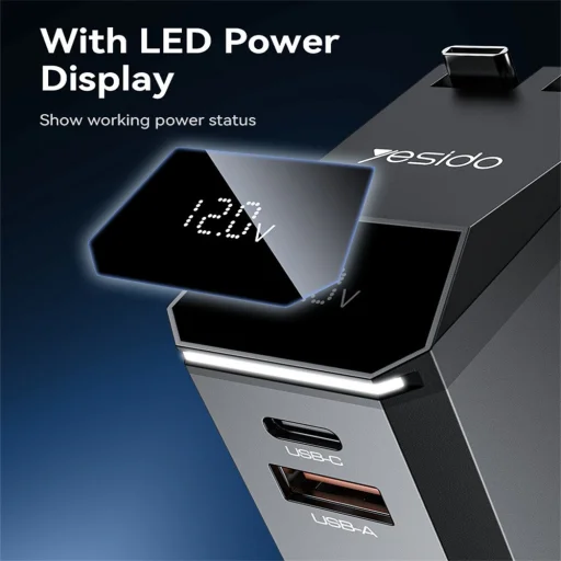 Yesido - 4 az 1-ben autós töltő (Y71) - Type-C visszahúzható kábellel + Lightning adapter, Kétportos USB-A + Type-C, 125W, LED kijelző - Fekete - 8