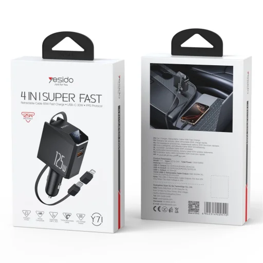 Yesido - 4 az 1-ben autós töltő (Y71) - Type-C visszahúzható kábellel + Lightning adapter, Kétportos USB-A + Type-C, 125W, LED kijelző - Fekete - 9