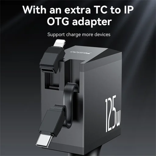 Yesido - 4 az 1-ben autós töltő (Y71) - Type-C visszahúzható kábellel + Lightning adapter, Kétportos USB-A + Type-C, 125W, LED kijelző - Fekete - 4