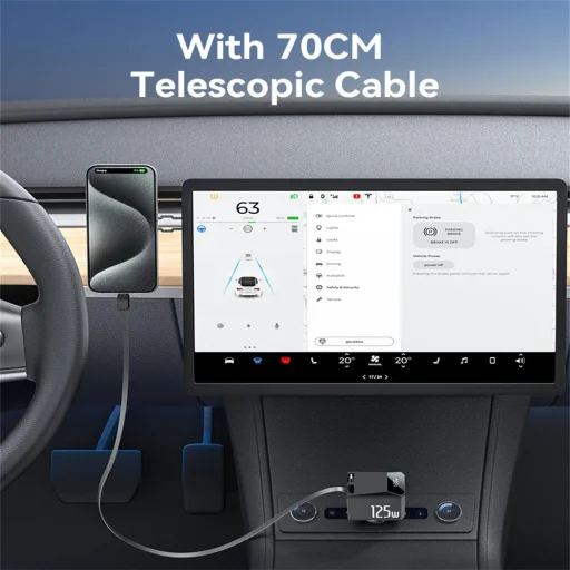 Yesido - 4 az 1-ben autós töltő (Y71) - Type-C visszahúzható kábellel + Lightning adapter, Kétportos USB-A + Type-C, 125W, LED kijelző - Fekete - 5