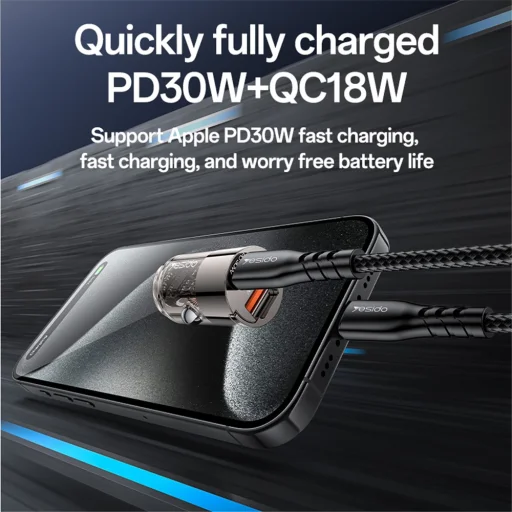 Yesido Hidden Car Charger (Y68) - Kétportos USB-A + Type-C, PD30W, Alumínium Ötvözet, Gyors Töltés - Fekete - 4