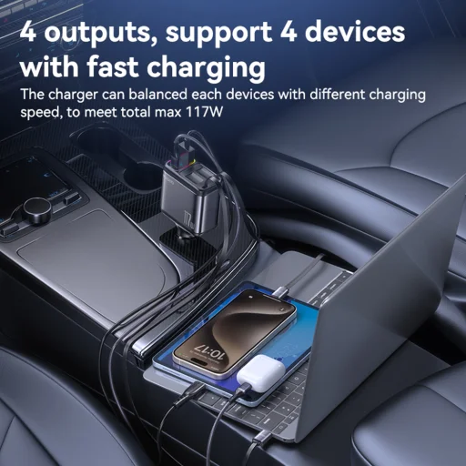 Yesido - 4 az 1-ben Autós Töltő (Y63) - 2x Visszahúzható Kábellel, LED Hangulatfény, Gyors Töltés, 117W - Szürke - 2