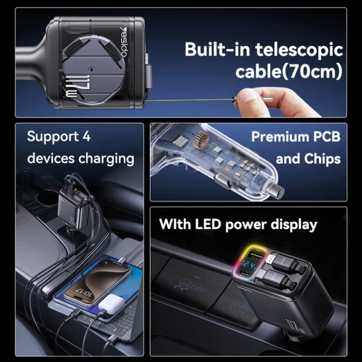 Yesido - 4 az 1-ben Autós Töltő (Y63) - 2x Visszahúzható Kábellel, LED Hangulatfény, Gyors Töltés, 117W - Szürke - 4