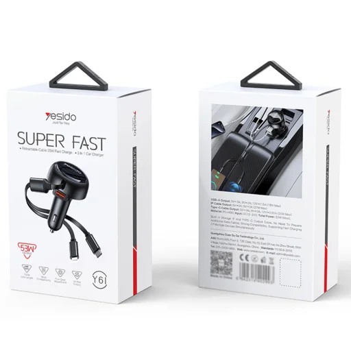 Autós Töltő Yesido (Y61) - teleszkópos visszahúzható Type-C/LightningKábel - 2x, Gyors töltés, USB-A, 53W - Fekete - 6