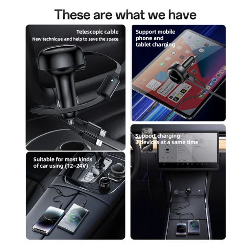 Autós Töltő Yesido (Y61) - teleszkópos visszahúzható Type-C/LightningKábel - 2x, Gyors töltés, USB-A, 53W - Fekete - 3