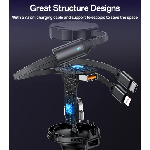 Autós Töltő Yesido (Y61) - teleszkópos visszahúzható Type-C/LightningKábel - 2x, Gyors töltés, USB-A, 53W - Fekete - 4
