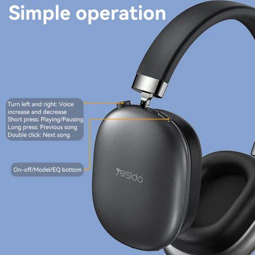 Yesido Vezeték nélküli fejhallgató (EP05) - Bluetooth V5.2, zajszűrő, 400mAh, vízálló, Type-C töltés - Fekete - 9