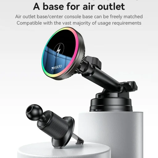 Yesido - Autós tartó vezeték nélküli töltéssel (C315) - légkondicionáló rácshoz/műszerfalhoz, mágneses, intelligens vezérlés, 15W - Fekete - 2