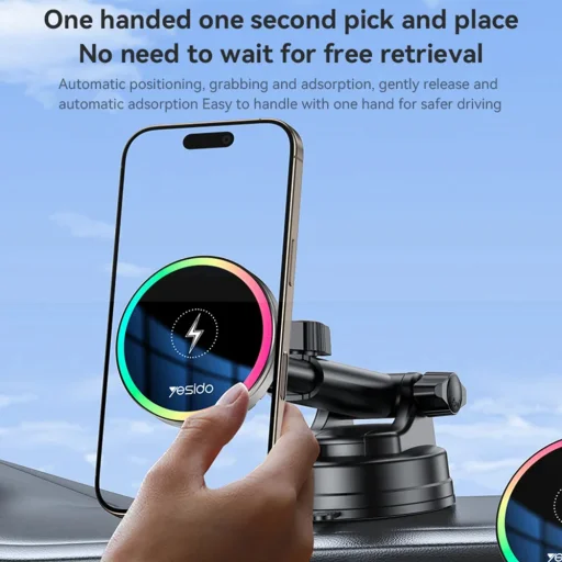 Yesido - Autós tartó vezeték nélküli töltéssel (C315) - légkondicionáló rácshoz/műszerfalhoz, mágneses, intelligens vezérlés, 15W - Fekete - 3