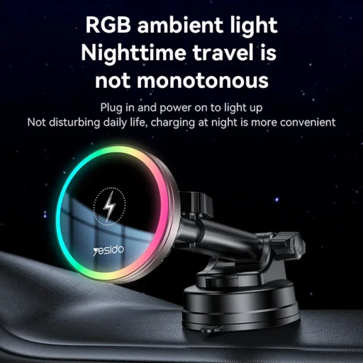 Yesido - Autós tartó vezeték nélküli töltéssel (C315) - légkondicionáló rácshoz/műszerfalhoz, mágneses, intelligens vezérlés, 15W - Fekete - 4