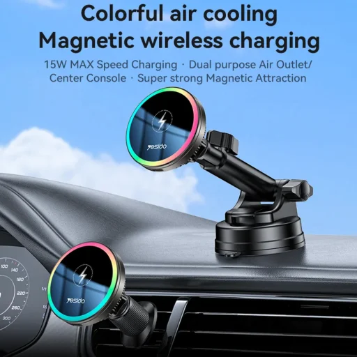 Yesido - Autós tartó vezeték nélküli töltéssel (C315) - légkondicionáló rácshoz/műszerfalhoz, mágneses, intelligens vezérlés, 15W - Fekete - 6