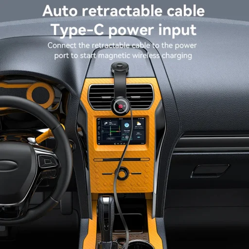 Yesido - Autós tartó vezeték nélküli töltéssel (C314) - Műszerfalra, visszahúzható kábellel, C típus, N52 mágnesek, 15W - Fekete - 3