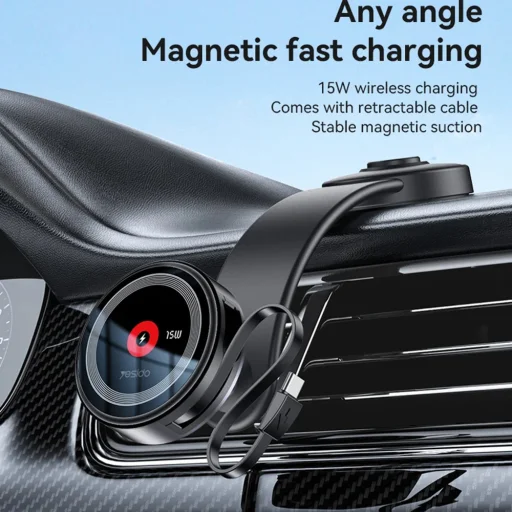 Yesido - Autós tartó vezeték nélküli töltéssel (C314) - Műszerfalra, visszahúzható kábellel, C típus, N52 mágnesek, 15W - Fekete - 5