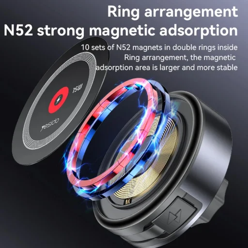 Yesido - Autós tartó vezeték nélküli töltéssel (C314) - Műszerfalra, visszahúzható kábellel, C típus, N52 mágnesek, 15W - Fekete - 7