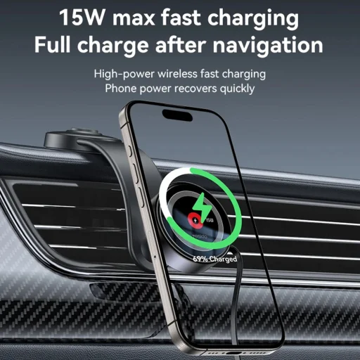 Yesido - Autós tartó vezeték nélküli töltéssel (C314) - Műszerfalra, visszahúzható kábellel, C típus, N52 mágnesek, 15W - Fekete - 9