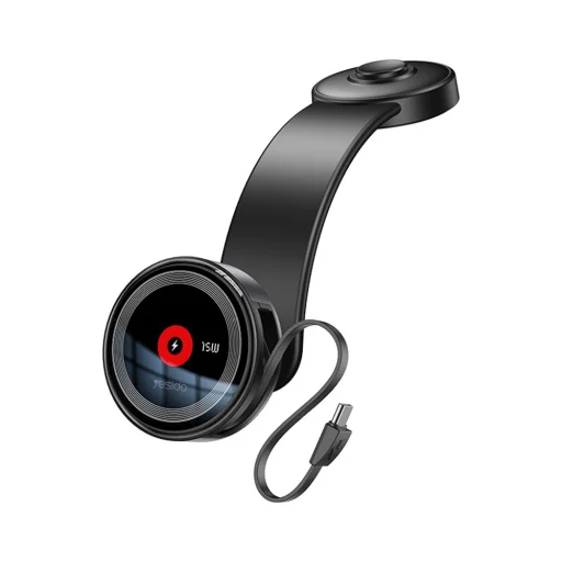 Yesido - Autós tartó vezeték nélküli töltéssel (C314) - Műszerfalra, visszahúzható kábellel, C típus, N52 mágnesek, 15W - Fekete - 1