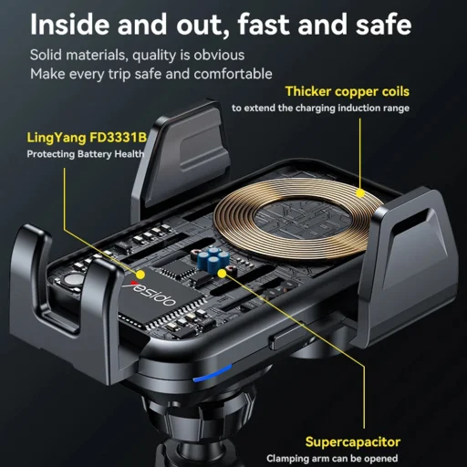 Autós tartó Yesido Vezeték nélküli Töltéssel (C312) - Légbeömlőre, Automatikus Csipesz, Intelligens Indukció, 15W, 4.7 - 6.8inch - Fekete - 6